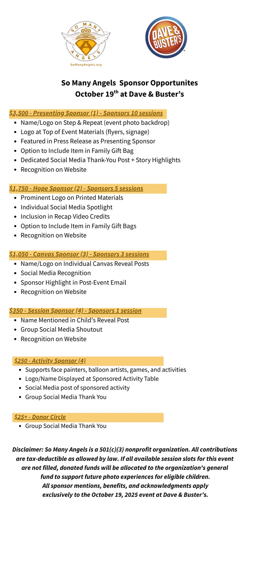 ONE PAGE for website So Many Angels sponsor opportunites October 19th at Dave & Buster’s DRAFT (8.5 x 11 in) (8.5 x 18 in)