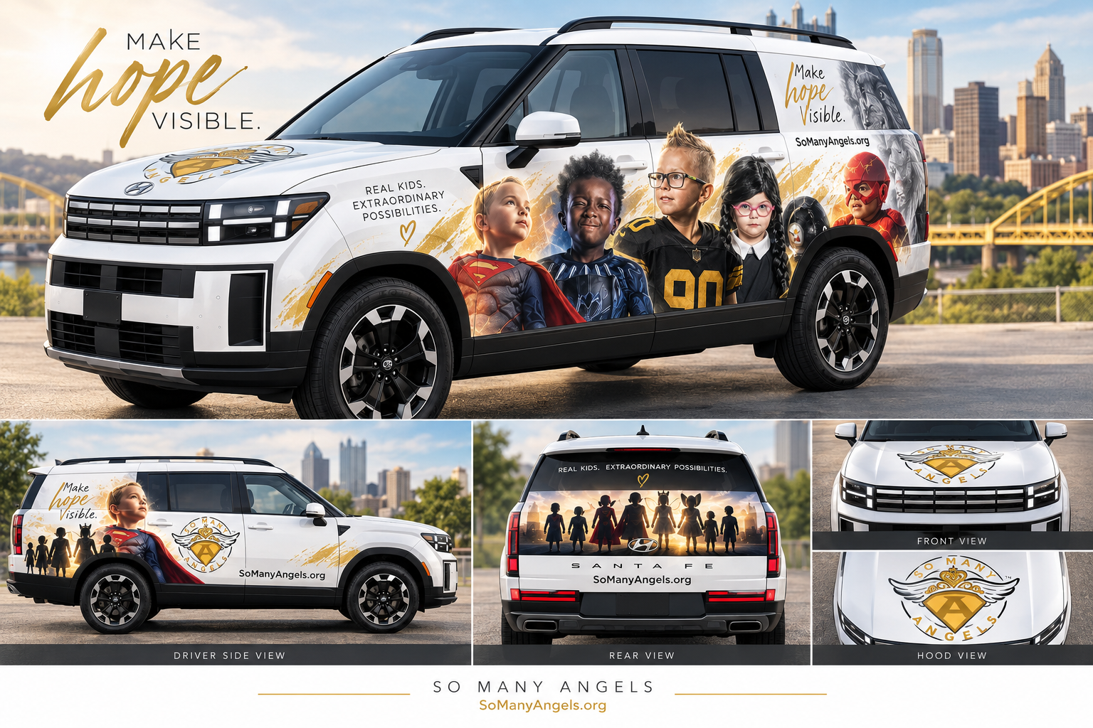 White Hyundai Santa Fe concept wrapped with So Many Angels children's artwork