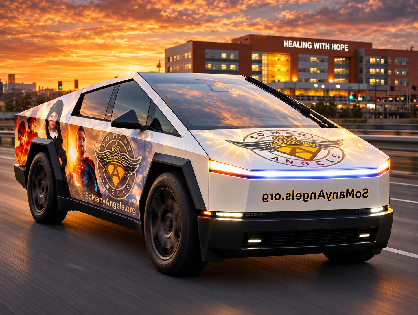 Concept rendering: Cybertruck wrapped in So Many Angels children's artwork, front and side view